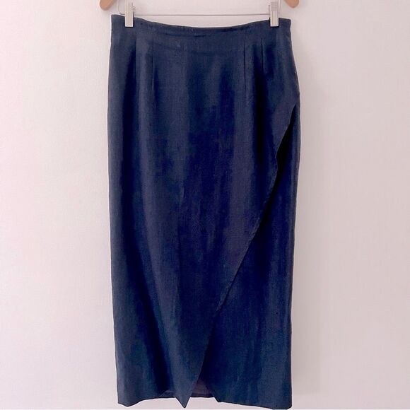 Vintage Linen Skirt Lined Navy Faux Wrap Size 10 Modest Capsule Minimal Tradwife - Picture 1 of 8